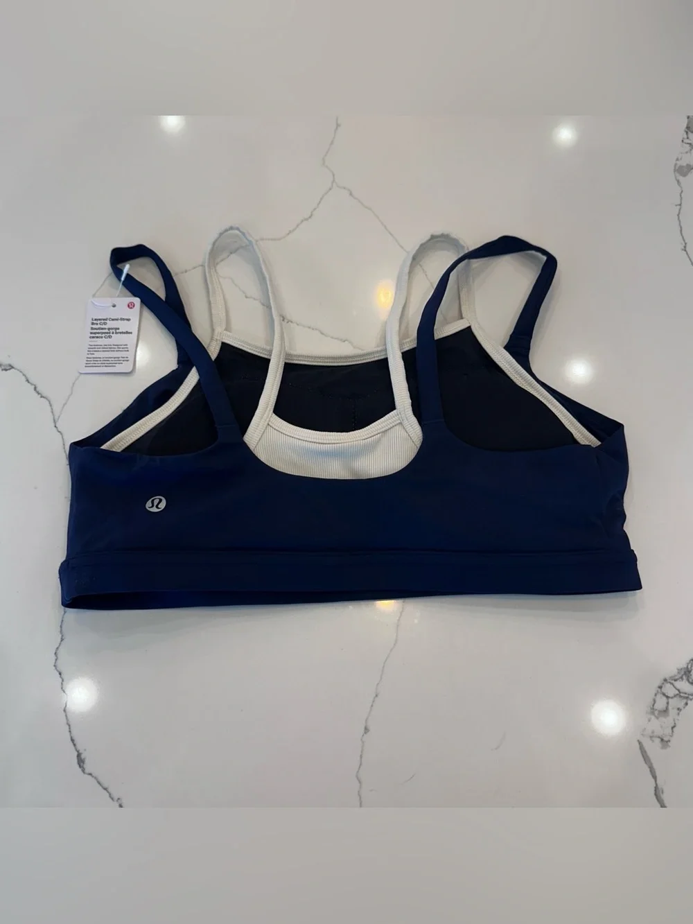 Lululemon Layered Cami Strap Bra True Navy/Ivory *Light Support C/D Sz Large NWT
